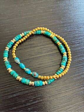 Turquoise and Gold Beaded Stretch Bracelet Set